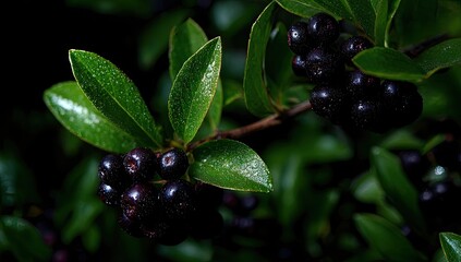 Close-up of dark berries and leaves