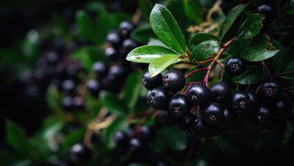 Close-up of dark berries on a leafy branch