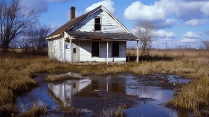 Abandoned farmhouse in a flooded field.  A dilapidated white house sits amidst a muddy, flooded field