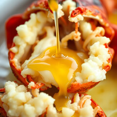 Lobster Delight: A close-up shot of succulent lobster drenched in a golden, delectable sauce, showcasing a culinary masterpiece that tantalizes the senses.