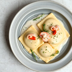 Lobster Ravioli with Creamy Sauce: Three delectable lobster ravioli bathed in a rich, creamy sauce, garnished with fresh rosemary sprigs.  A culinary masterpiece presented on a stylish gray plate.