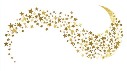 Golden stars stream towards a crescent moon on a white background, creating a celestial design
