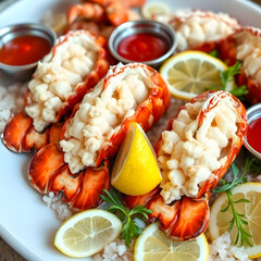 Delectable Lobster Tail Delights: An overhead shot presents a tantalizing platter of cooked lobster tails, artfully arranged alongside fresh lemon slices and vibrant red dipping sauces.