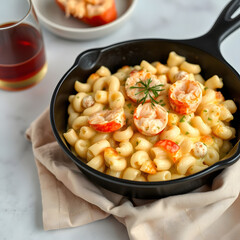 Lobster Mac and Cheese: A culinary masterpiece, this image showcases a decadent Lobster Mac and Cheese dish, presented in a rustic cast iron skillet.  The creamy.