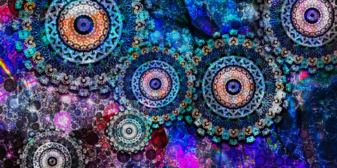 Mystical Mandala Background – Intricate Bohemian Art for Meditation, Tattoo, and Decor, colorful vintage art, ancient Indian vedic background design, old painting texture with  mathematical shapes