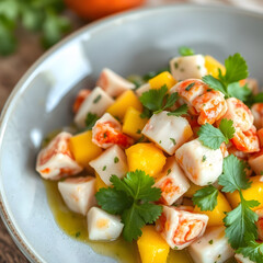 Mango Ceviche: A vibrant bowl of fresh seafood ceviche, featuring succulent shrimp and tender fish, mingled with juicy mango chunks and fragrant herbs, promising a taste of the tropics.