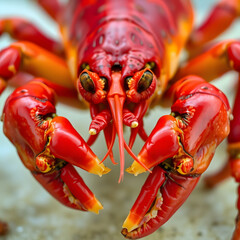 The Fiery Crayfish: A striking, close-up portrait of a vividly red crayfish, showcasing its powerful claws and intricate features, presenting a testament to the wonders of the aquatic world.