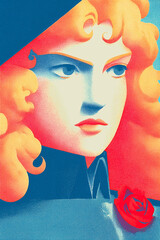Bold retro-style portrait of a woman with curly hair and rose, vibrant pop art colors — generative AI