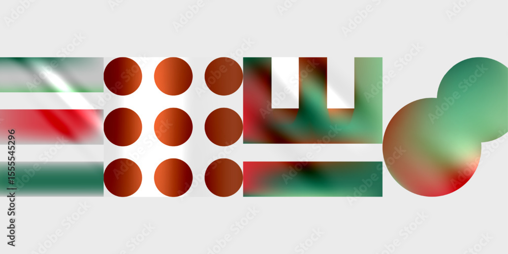 Poster Abstract composition. Red, green, gray elements overlap. Geometric shapes create dynamic visual effect. Minimalist design, modern aesthetic.