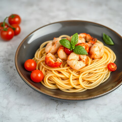 Seafood Pasta: Delightful seafood pasta, garnished with fresh herbs and vibrant cherry tomatoes, is a true feast for the senses. A captivating visual of a culinary masterpiece.