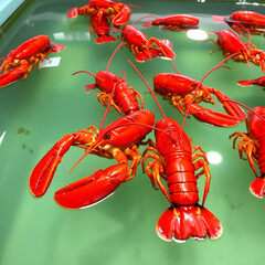 Lobster tank: Vibrant red lobsters cluster in a clear tank, creating a visually striking display of marine life ready for the culinary adventure.
