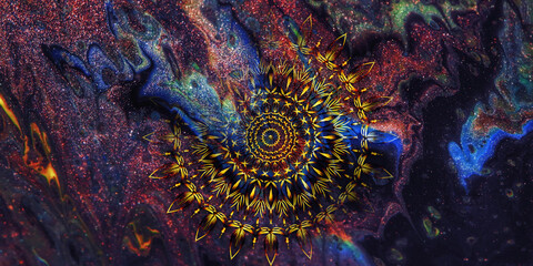 Mystical Mandala Background – Intricate Bohemian Art for Meditation, Tattoo, and Decor, colorful vintage art, ancient Indian vedic background design, old painting texture with  mathematical shapes