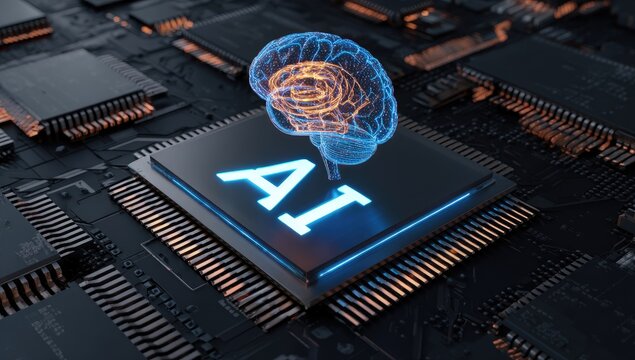 Futuristic AI chip with digital brain