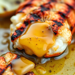 Grilled Lobster Tail with Butter Sauce: An exquisite culinary delight, a close-up shot of a succulent grilled lobster tail, glistening with rich, golden butter sauce.
