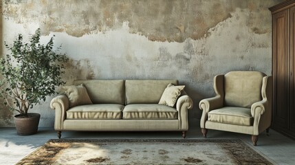 Rustic living room interior with vintage sofa, armchair, rug, and plant against a distressed wall.