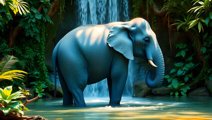 Blue Elephant Under Waterfall