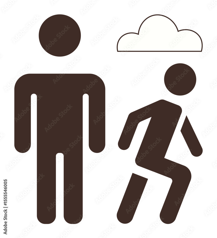 Poster silhouettes of a standing person and a running person alongside a simple cloud. ideal for concepts t