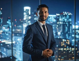 Plakat Businessman in suit by night city view