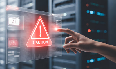 Cybersecurity alert notification system interface showing digital warning triangle on futuristic screen.