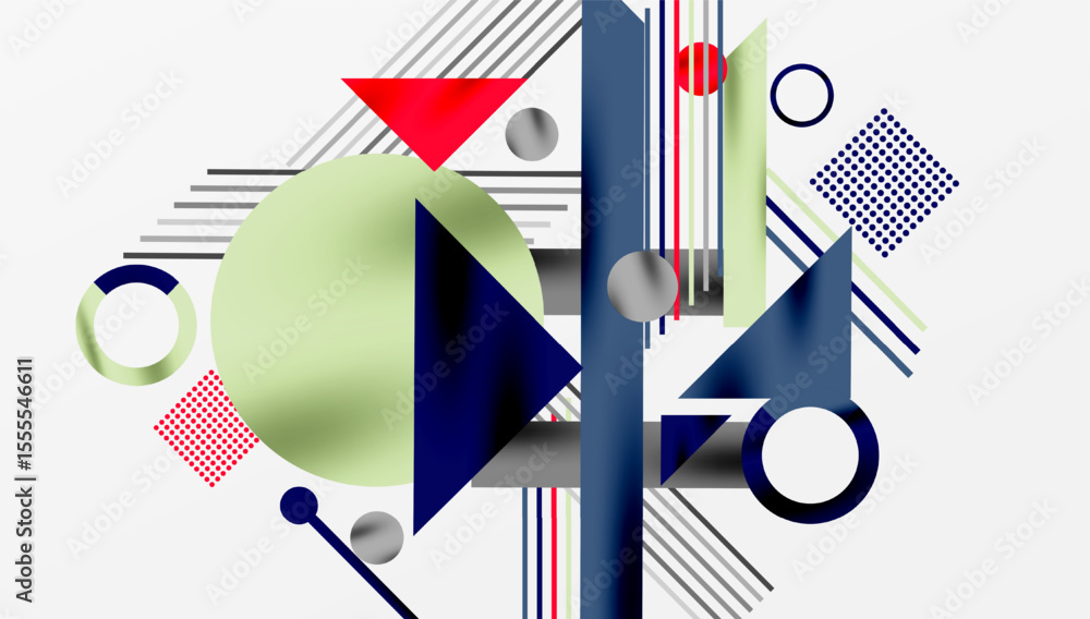 Poster Abstract geometric composition. Shapes overlap, creating dynamic visual interest. Lines, circles, triangles dominate design. Minimalist aesthetic.