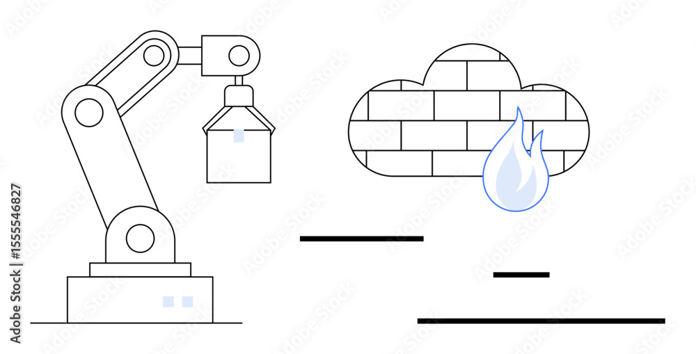 Poster robotic arm constructing, cloud brick wall with flame symbolizing automation, security, ai, cloud co