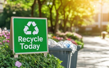 Green "Recycle Today" sign in a garden area promoting sustainable waste management and community recycling awareness.