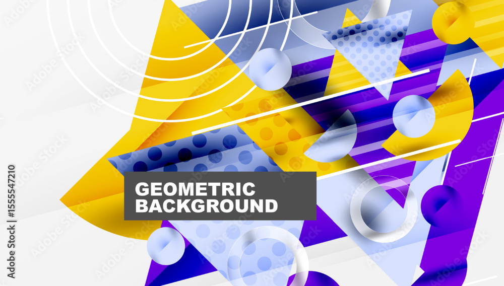 Poster Abstract geometric composition. Vibrant colors, shapes overlap creating dynamic visual effect. Modern design elements present.