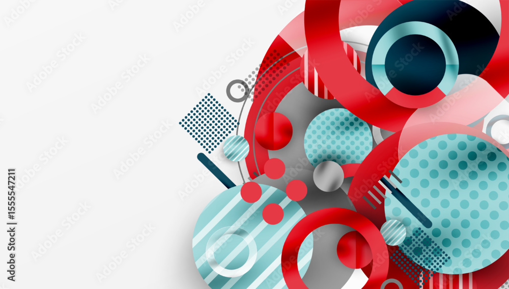 Aufkleber Abstract geometric composition. Circles, rectangles overlap creating dynamic visual effect. Red, blue, gray tones dominate design.