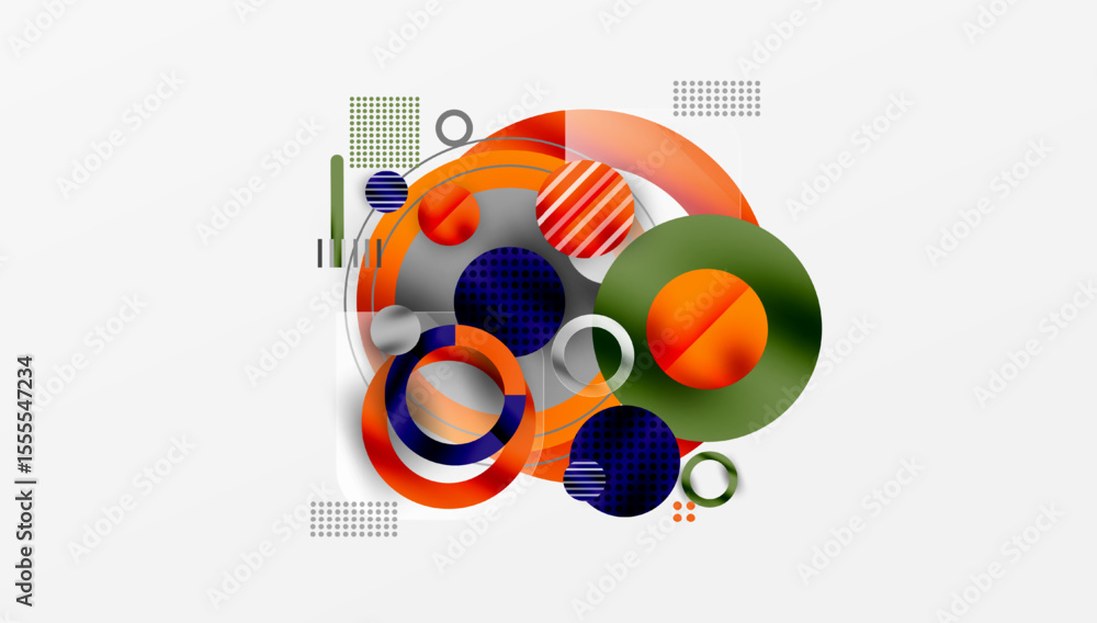 Poster Abstract composition. Overlapping circles, squares, lines create dynamic visual effect. Modern design elements, bright colors present.