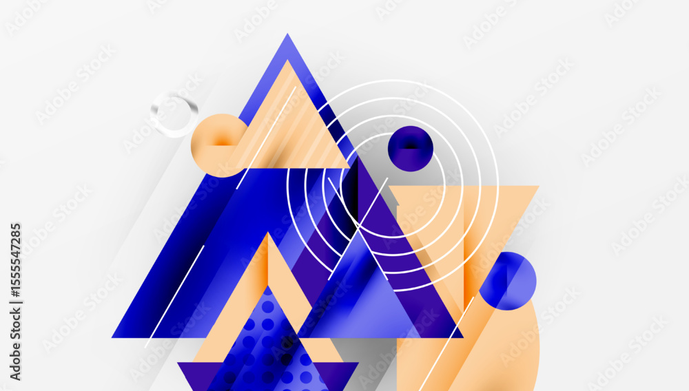 Aufkleber Abstract geometric composition. Blue, orange shapes overlap, creating dynamic visual effect. Circles, triangles dominate design.