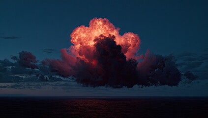 Fiery cloud over a calm sea at twilight