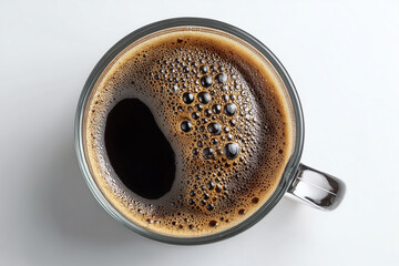 top view of freshly brewed black coffee in a glass on a white background