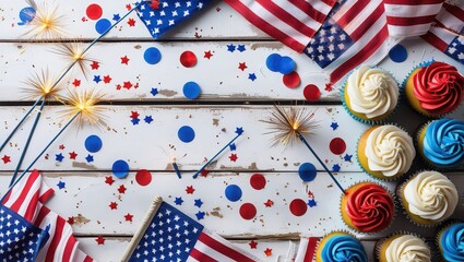 Obraz premium Patriotic celebration with american flags cupcakes sparklers and confetti on a white wooden surface