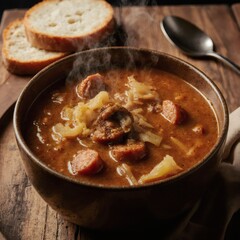 Traditional Slovak Kapustnica Cabbage Soup with Sausage and Mushrooms