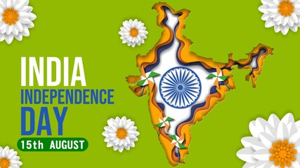 Looping 4K animation celebrating India’s Independence Day with layered paper-cut India map, Ashoka Chakra, pinwheels, white flowers, and “15th August” text on a vibrant green background. - Powered by Adobe