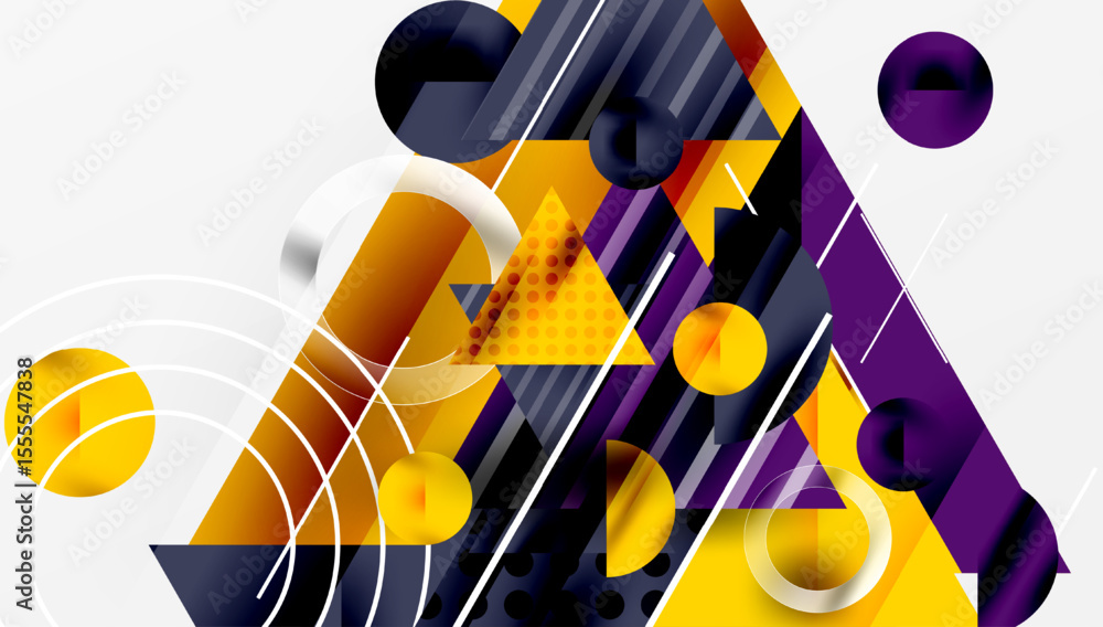 Poster Abstract geometric composition. Shapes overlap, creating dynamic visual interest. Yellows, purples dominate design. Modern aesthetic.