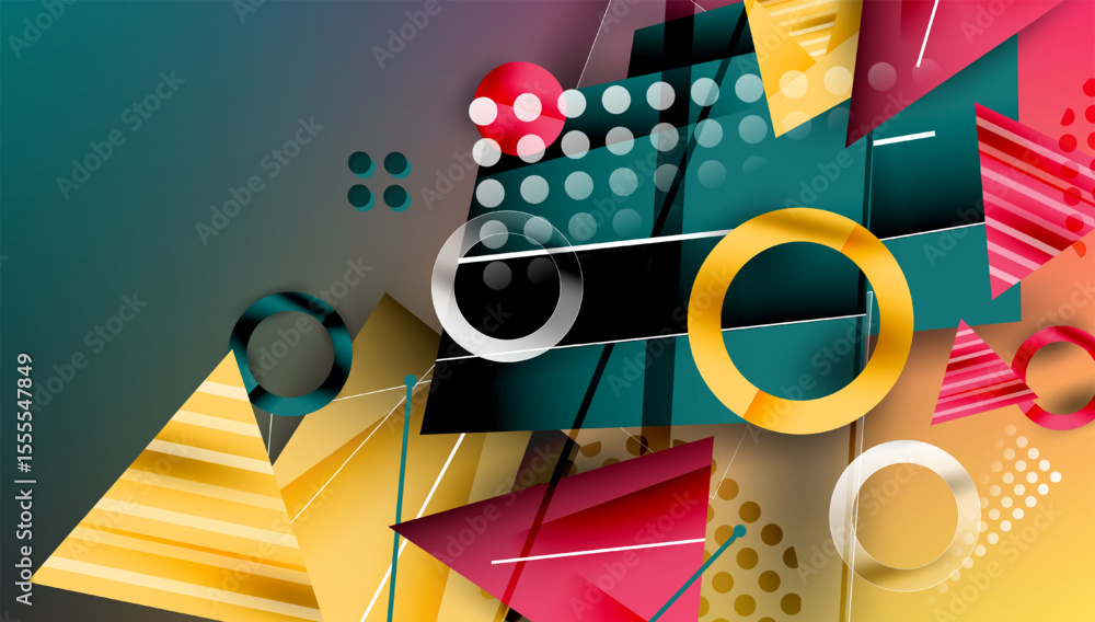 Aufkleber Abstract geometric composition. Shapes overlap, creating dynamic visual effect. Colors blendyellow, teal, red, gray. Modern design elements present.
