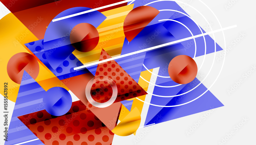 Poster Abstract composition. Geometric shapes overlap, creating dynamic visual experience. Bold colors dominate, offering modern aesthetic.