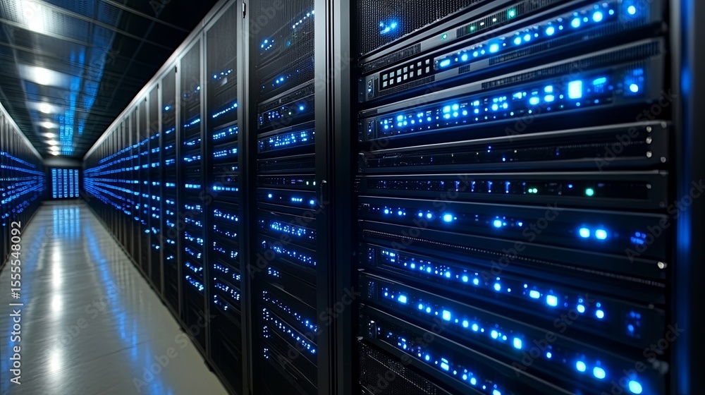 Aufkleber this image features a long aisle of glowing blue server racks, perfect for websites or blogs about d