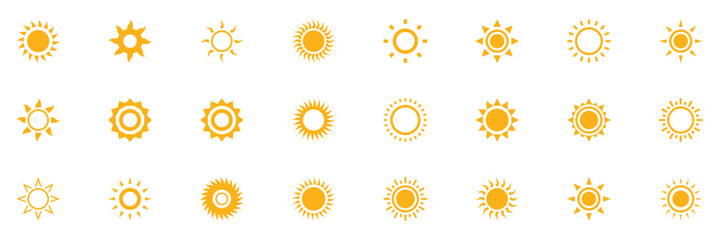 Sun icons vector illustration set. Sun icon set. Yellow sun icons vector. Sun set icon collection. Yellow sun star icons. Solar energy concept. Vector illustration. EPS 10