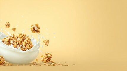 Creamy White Milk Cascading Around Golden Brown Puff Snacks in a Delicious Splash Against a Soft Yellow Background