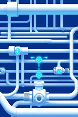 Industrial White PVC Pipe System with Multiple Joints and Valves, Professional Plumbing Infrastructure on Blue Background for construction, water systems, and engineering design projects.