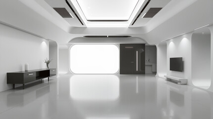 Modern minimalist white interior design with futuristic architecture featuring sleek furniture and contemporary living space with clean geometric lines