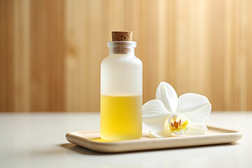 Frosted glass skin oil bottle with orchid on beige tray, AI-generated