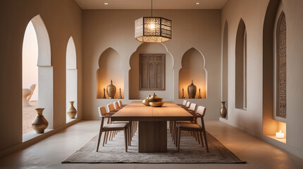 Modern Arabic Restaurant Dining Room Interior Design With Earth Tone Walls And Middle Eastern Furniture Style interior design wallpaper background