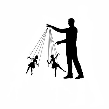 Silhouette of a puppeteer controlling marionettes on white background