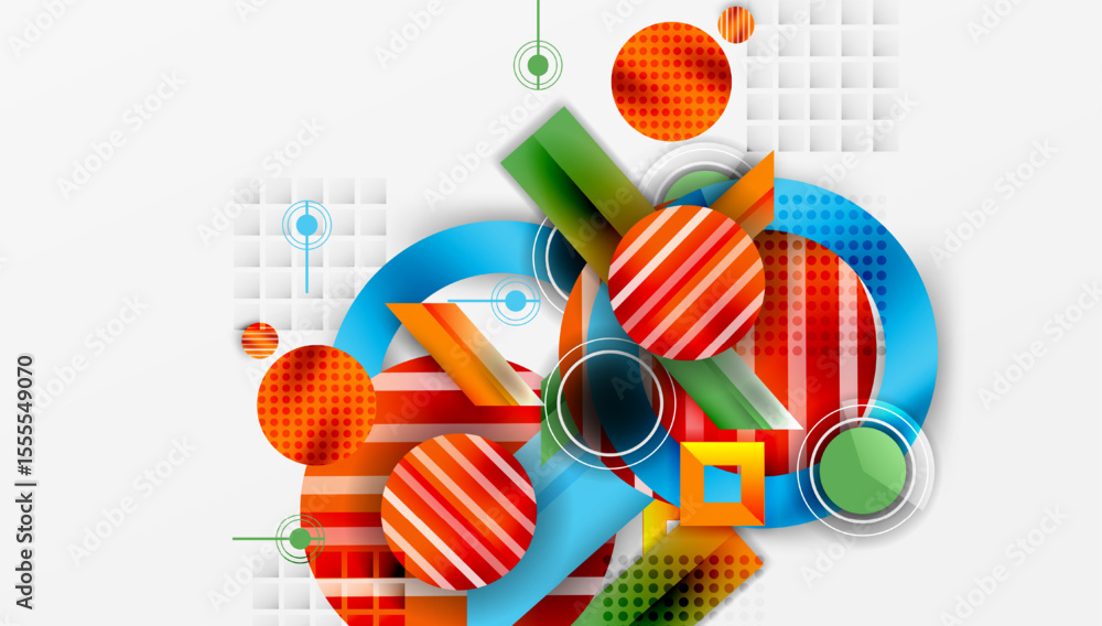 Poster Abstract geometric shapes overlap. Vibrant colors create dynamic composition. Modern design elements suggest innovation, energy.