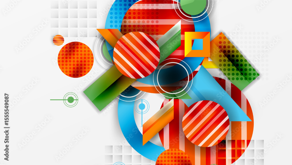 Aufkleber Abstract geometric composition. Bright shapes overlap, creating dynamic visual effect. Red, blue, green dominate design.