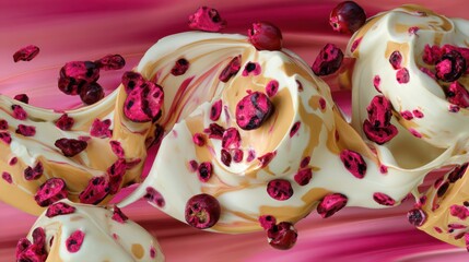 Exquisite White Chocolate Ganache Melting and Swirling with Vibrant Cranberry Bits in a Fluid Motion Against a Softly Blurred Pink Background