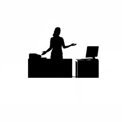 Silhouette of a receptionist greeting visitors at a corporate front desk on white background